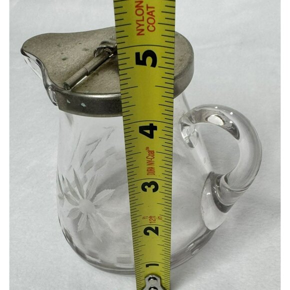 Vintage Glass Syrup Pitcher With Etched Floral Design & Hinged Metal Lid - Picture 5 of 10